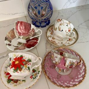 4 vintage tea cups sets, including Royal Albert & Wedgewood